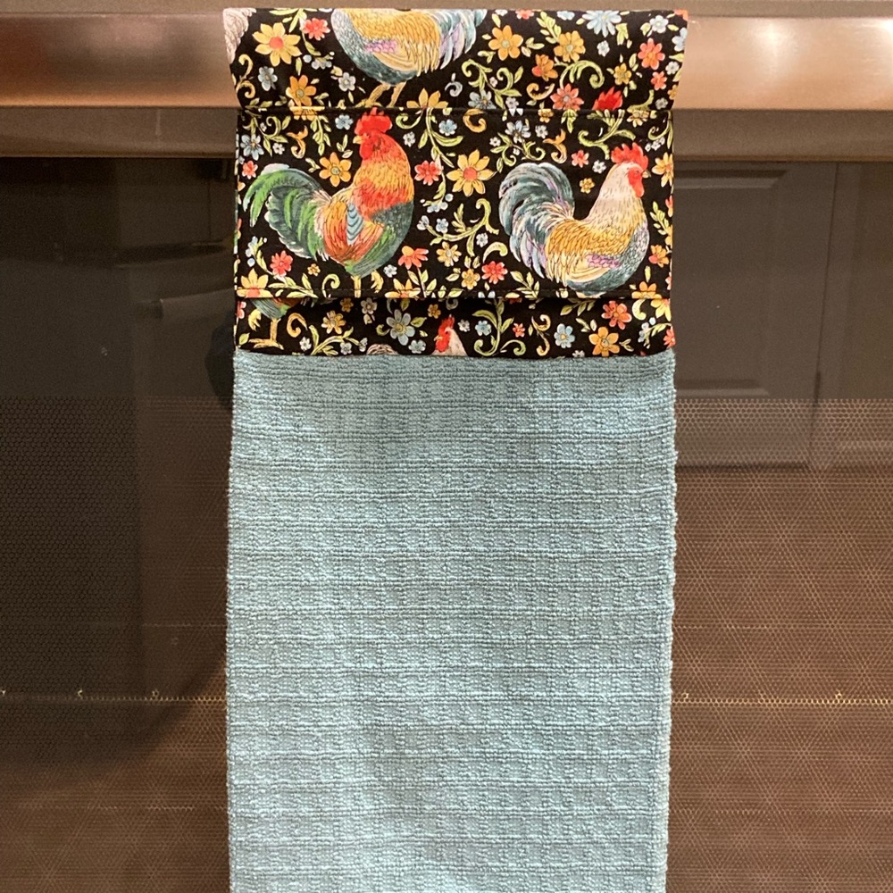 New handmade Tidy Towel. Secures over oven handle so your towel doesn’t fall.